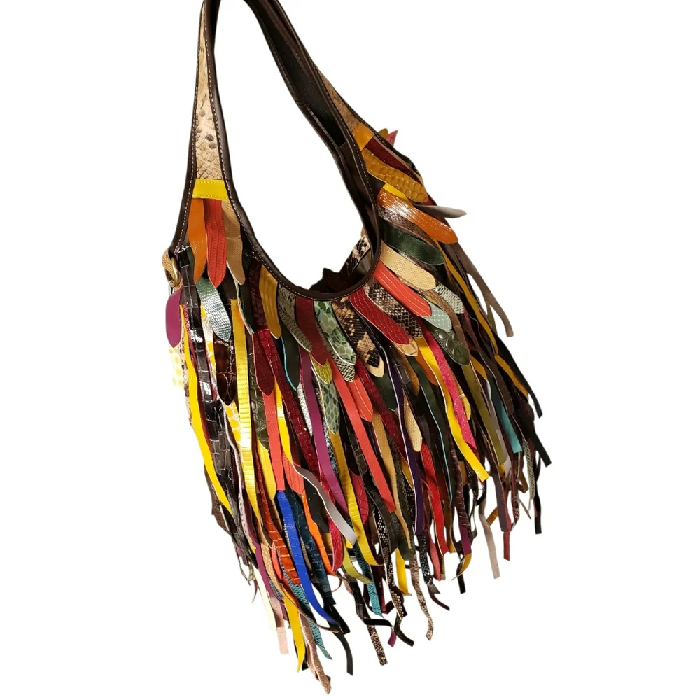 Boho Artisan Multicolor Fringe Hobo Bag • NWT • Festival Statement Piece - Picture 2 of 6